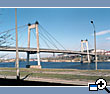 Cable-braced bridge over harbor of the Dnieper river in Kiev